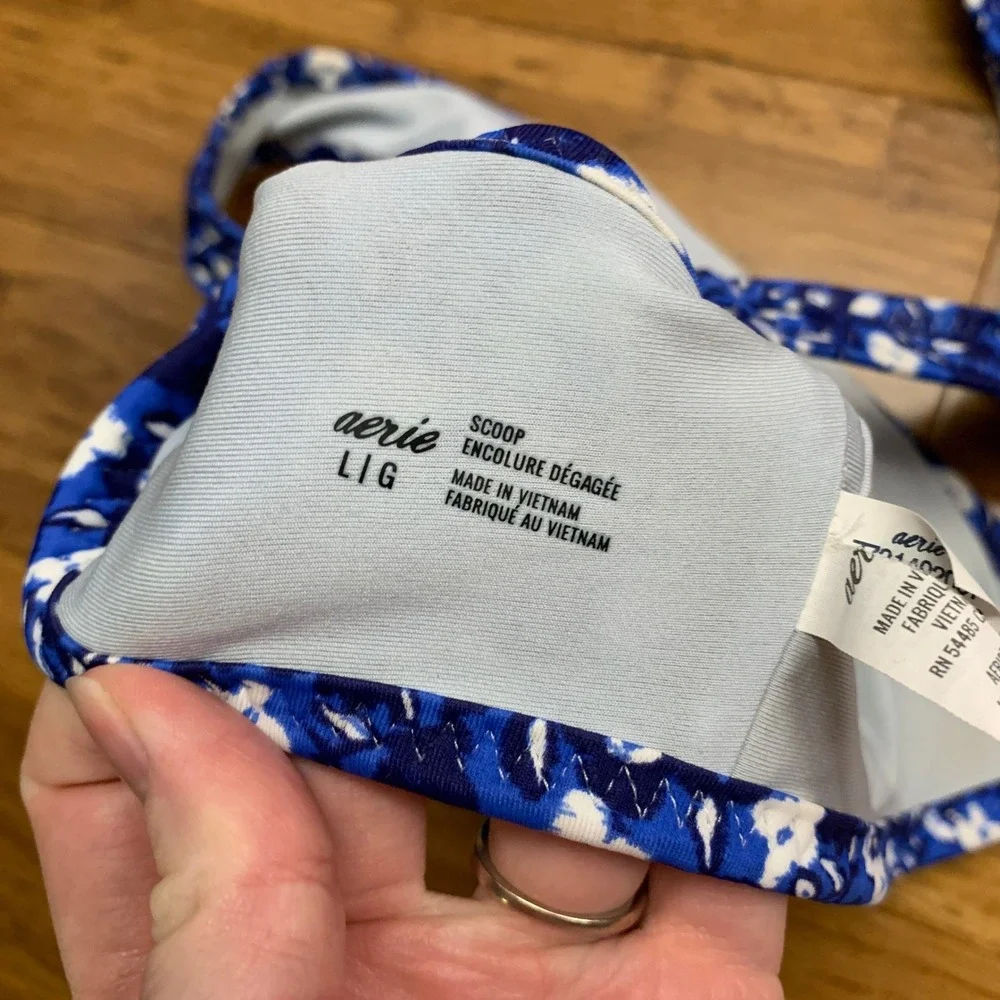Aerie Scoop Bikini Top‎ Blue White Floral Print Swimwear Summer Beach Size Large